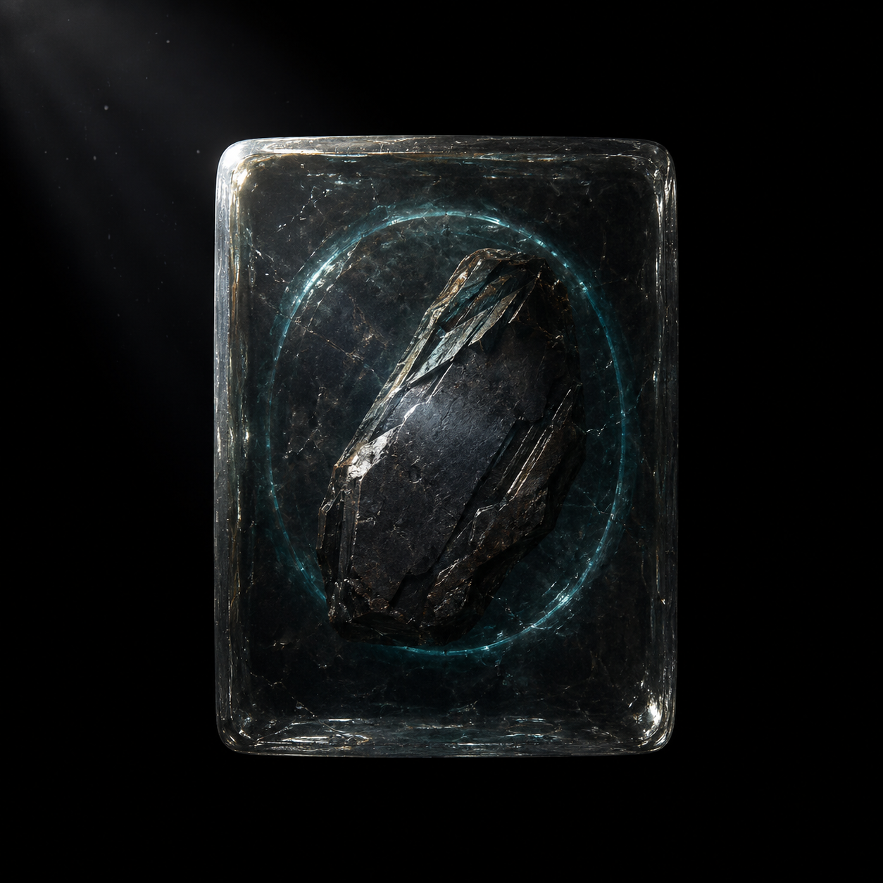 A shard of ancient machine plating sealed in cloudy black resin, a faint teal ring glowing inside